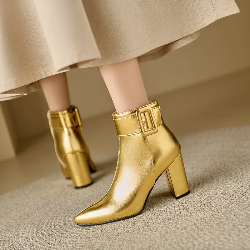 Gold Silver Boots Women\'s Chunky Heels Pointed Toe Shoes French Concise 2024 Autumn Winter Footwear