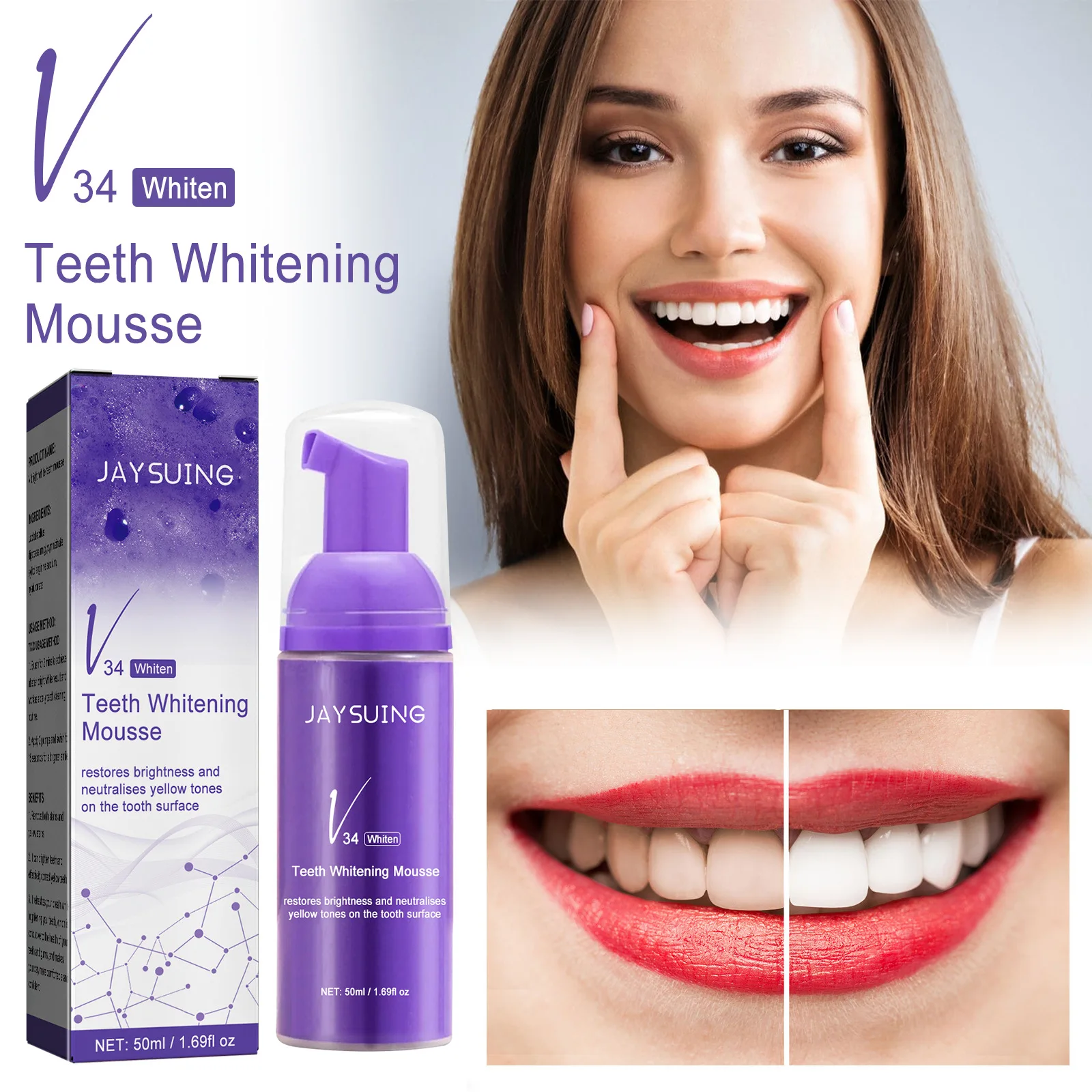 Dentifrice en mousse violet, V34, blanchiment des dents jaunes, remodelage des dents, SAF, livres d\'hygiène buccale