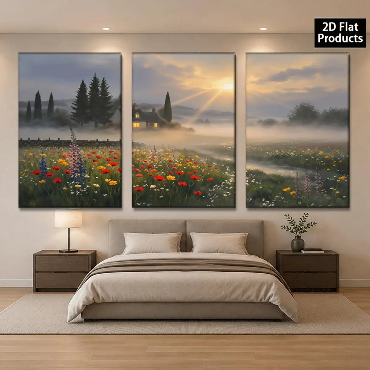 Frameless 2D Flat 3pc  Canvas Wall Art – A three-panel painting of a misty meadow at sunrise with flowers trees and a cottage