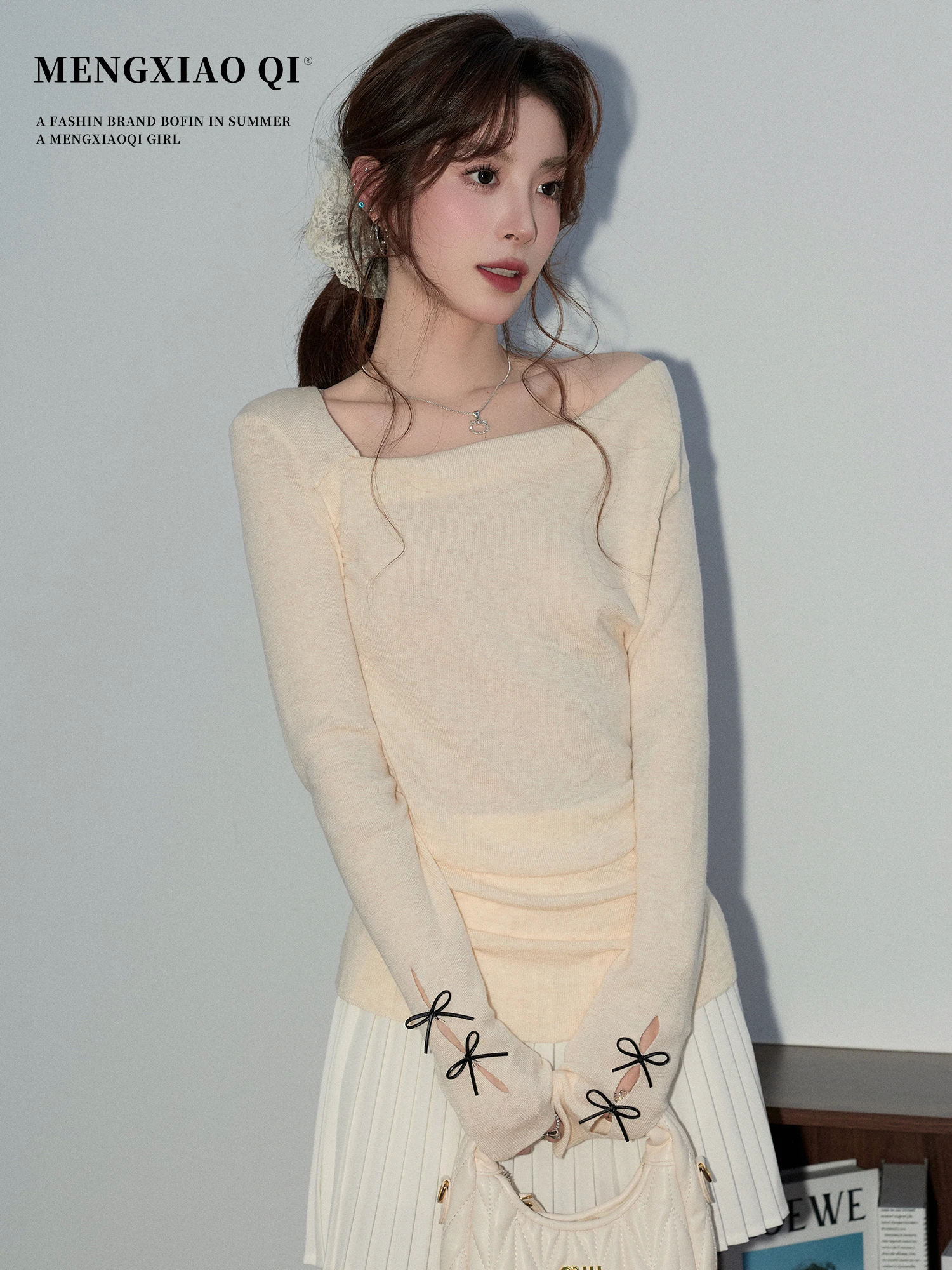 

Meng Xiaoqi Sweet Knitwear Women's Long Sve Knot Slim Fit Spring Inner Wear Top Asymmetrical Collar Korean Sle