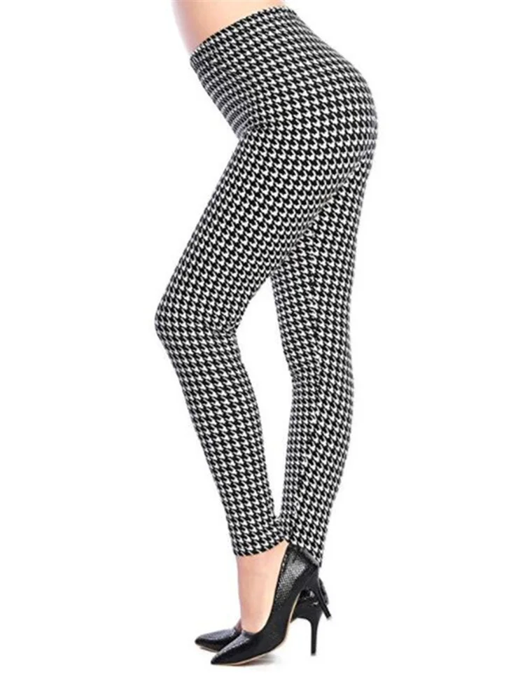 YSDNCHI Black White Plaid Print Leggings Women Grid Houndstooth Leggins Hot Sale Elastic Fashion Polyester Sexy Pants