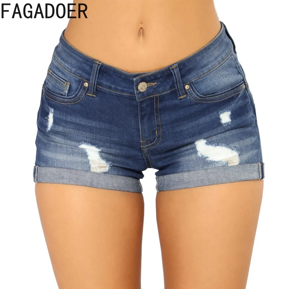 FAGADOER Retro Blue Summer New Hole Denim Shorts Women Low-waist Pocket Slim Jean Shorts Fashion Female Matching Cowboy Bottoms