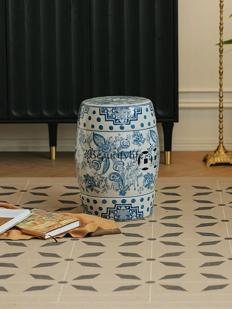 Blue and White Porcelain Low Stool Chinese Hand-Painted Ceramic French Chinese Style Living Room Shoe Changing Stool