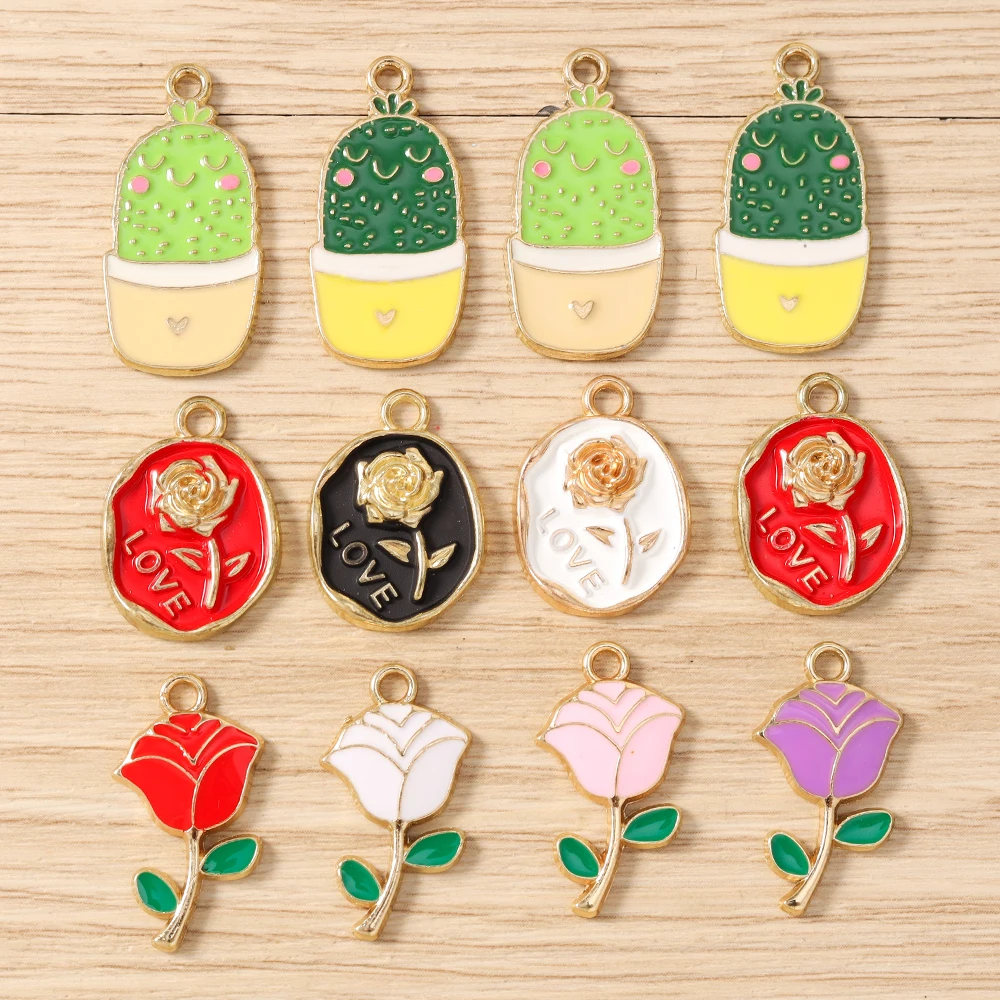10 Stück niedliche, bunte Emaille-Blumen- und Kaktus-Anhänger zum Basteln von Ohrringen, Halsketten, DIY-Handarbeiten und Schmuckzubehör – Detail 1
