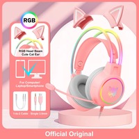 ONIKUMA X15 Pro Gaming Headsets Mic Noise-Canceling RGB Lights Pink Cat's Ears Wired Headset Immersive Esports Headset