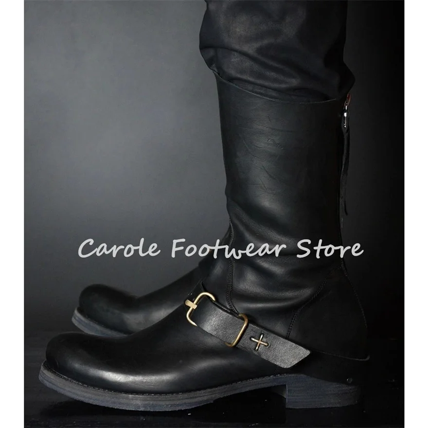 Male Balck Leather Belt Buckle Motorcycle Boots Round Toe Chunky Heel Mid-calf Boots Men's Outside Casual High Top Chelsea Boots