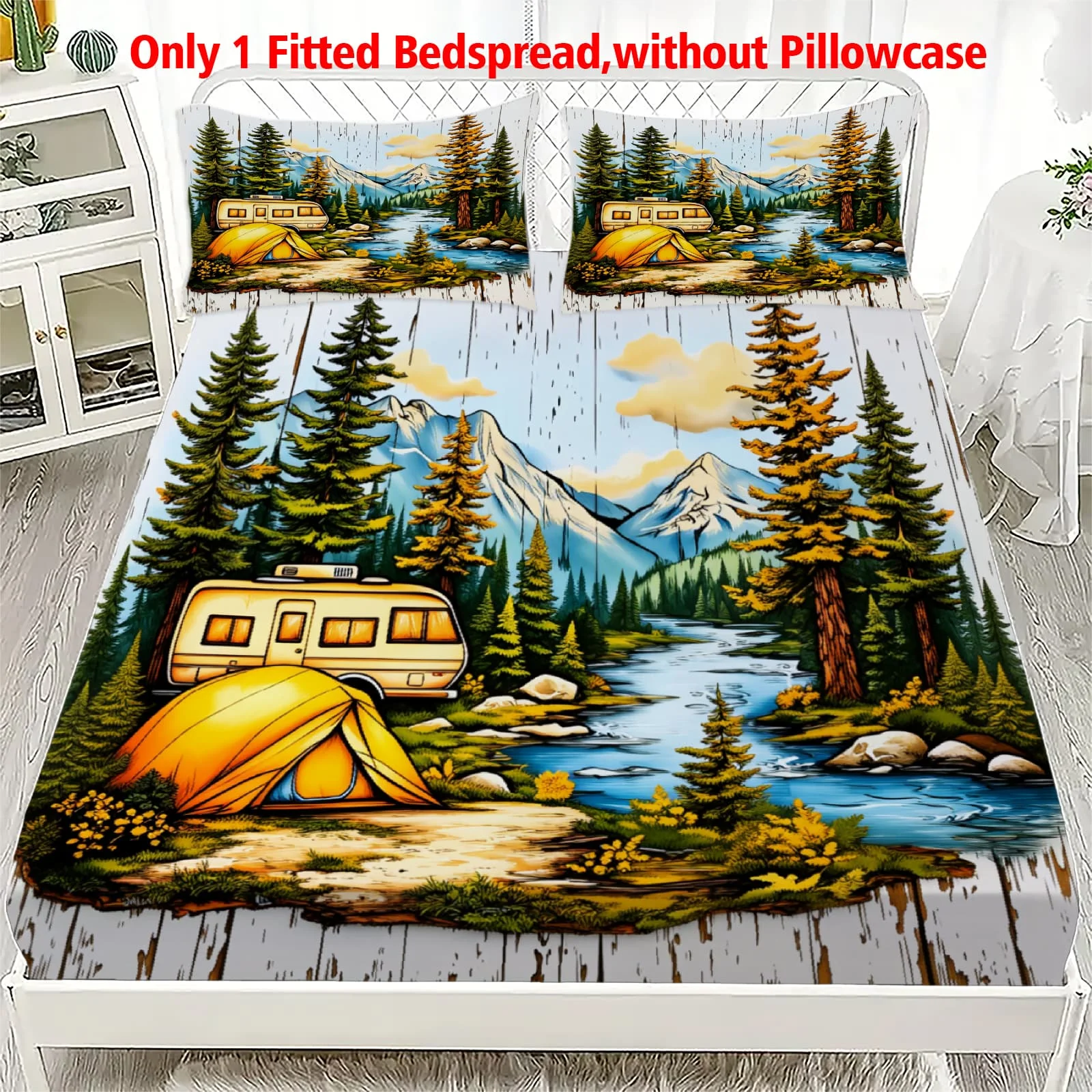 1pc RV Camping by Mountain River Print Fitted Sheet Deep Pocket Elastic Mattress Cover Single Double Queen King Bedroom Decor