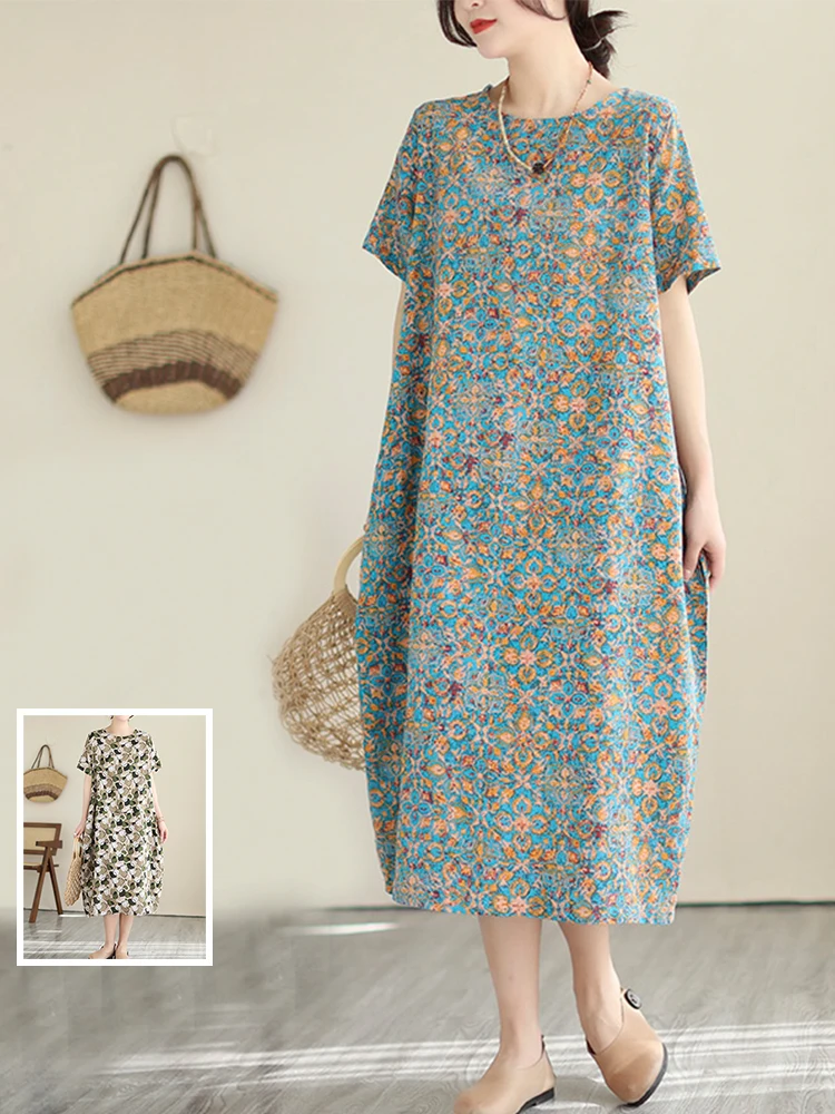 فستان صيفي جديد بطباعة عتيقة من القطن والكتان، فستان طويل بمقاسات كبيرة للنساء، تصميم دائري الرقبة بأكمام قصيرة يغطي الورك، ف... #5