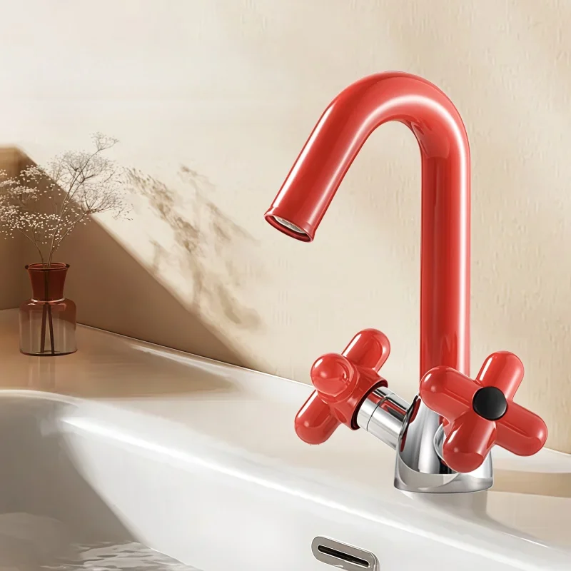 Candy Color Creative Cute Red Dopamine Retro Copper Wash Basin Hot and Cold Water Faucet Bathroom Under Counter Basin Faucet