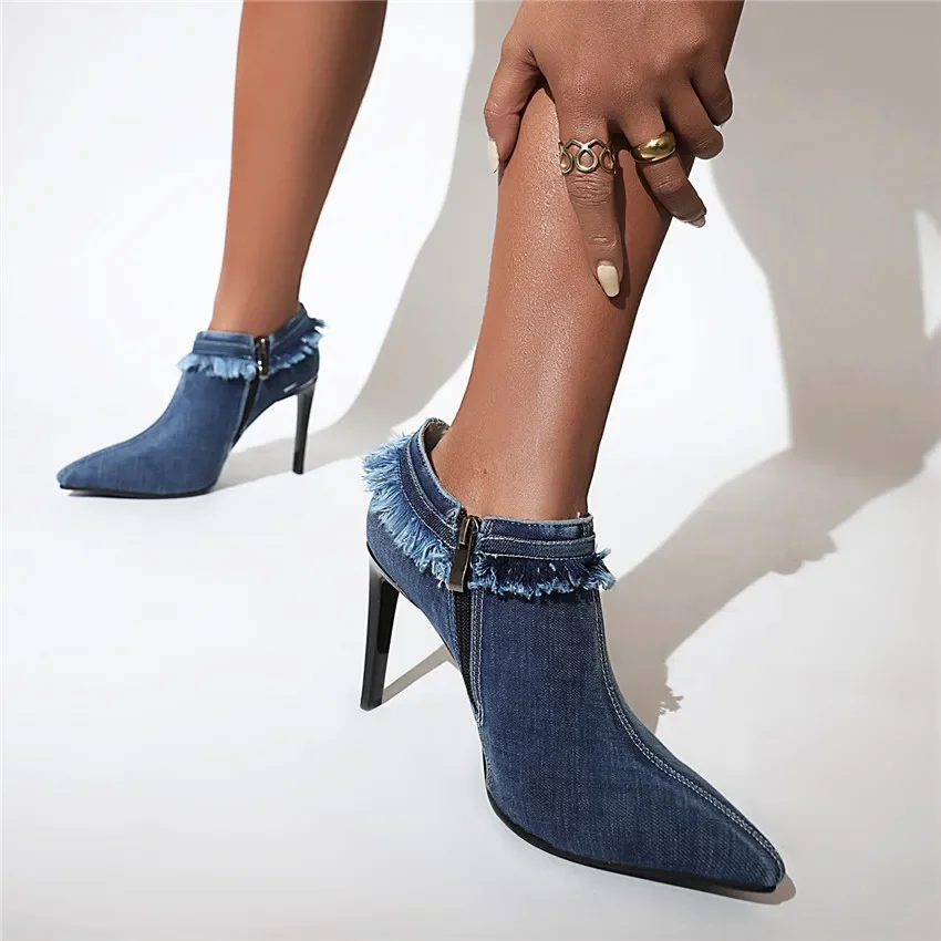 Women Ankle Boots Brushed Denim High Thin Heels Pointed Toe Pumps Blue Rubbed Jeans Party Dress Ladies Spring Autumn Short Boots