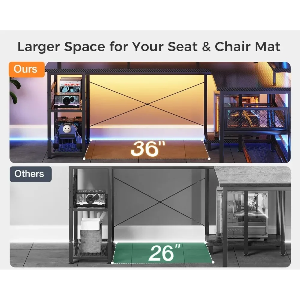 66" L Shaped Gaming Desk with Power Outlet and LED Lights, PC Gaming Table with Carbon Fiber Texture, Reversible Customized