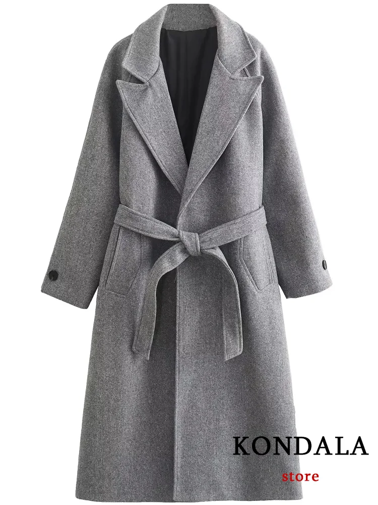 KONDALA Casual Vintage Chic Solid Women Overcoat V Neck Belt Oversized Long Jackets Fashion 2024 Autumn Winter Thick Coats