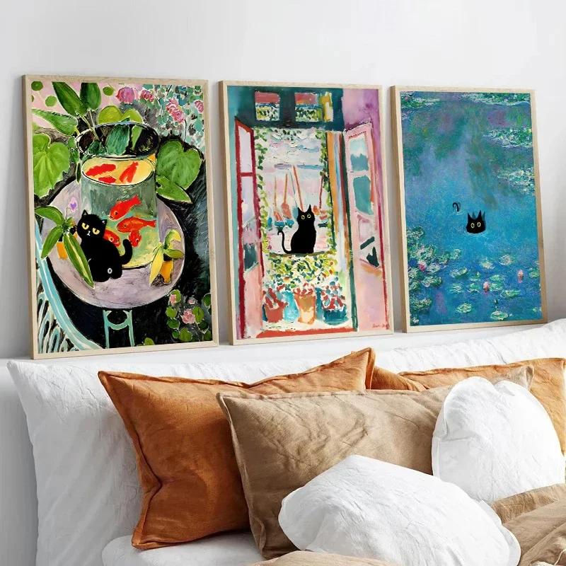 Famous Art Gustav Klimt Kiss Van Gogh Monet Waterlily Black Cat Posters Funny Animasl Canvas Paintings And Print Home Room Decor