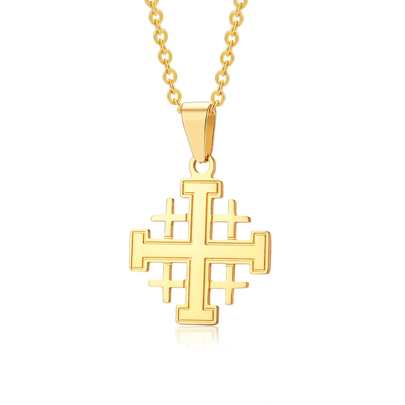 Retro Jerusalem Cross Pendant Necklaces for Women, Gold Color Stainless Steel Necklace Prayer Jewelry