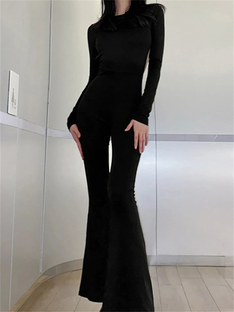 จั๊มสูทขายาวทรงบอดี้คอนสีดำล้วนแบบเซ็กซี่เปิดหลัง แขนยาว คอทรงโอ สำหรับผู้หญิง สไตล์ลำลอง ใส่สบาย เหมาะกับฤดูใบไม้ร่วง แฟชั่นสตรีทแวร์