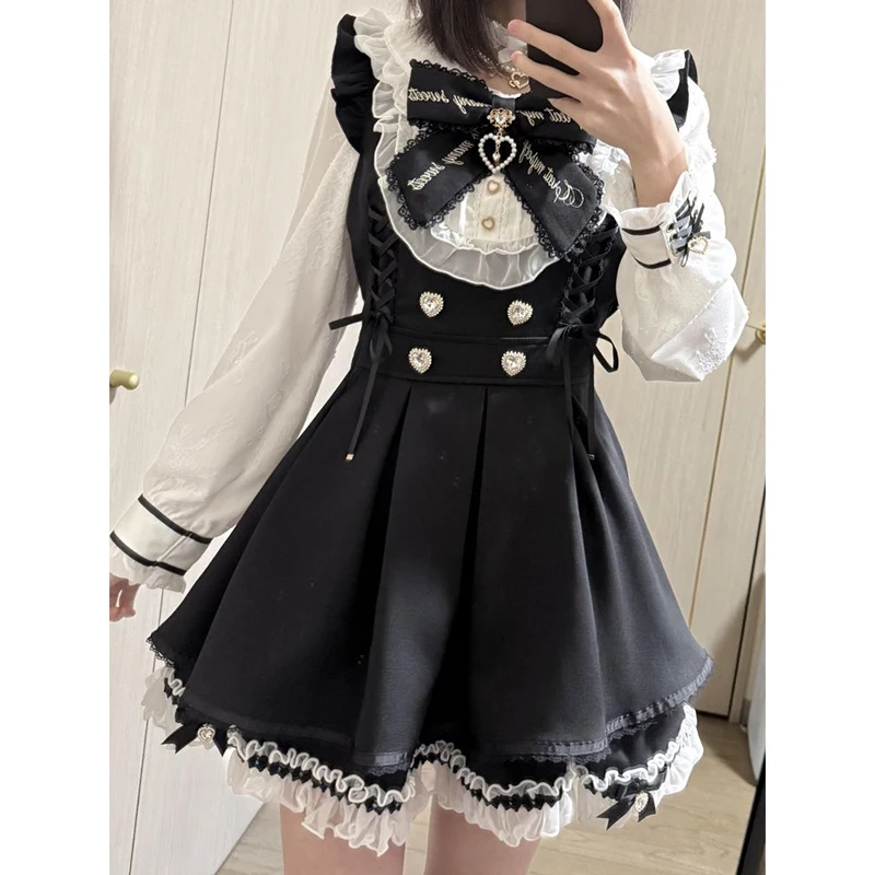 Robe patchwork Lolita, ensemble 2 pièces: robe à manches longues et col Peter Pan avec nœud doux et jupe Perppy en dentelle à volants taille haute