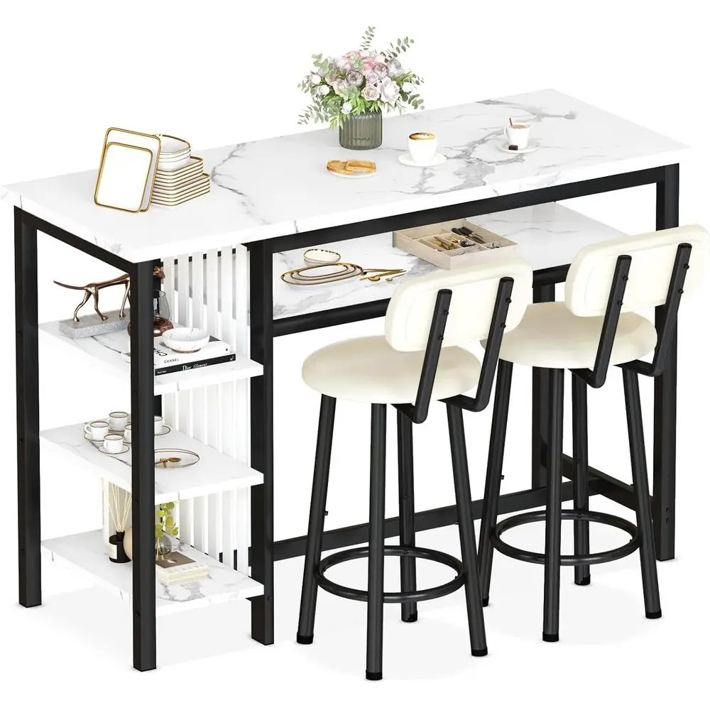 Ensemble de table de bar moderne 3 pièces en faux marbre blanc avec cadre noir et 2 tabourets de bar rembourrés, comprenant des étagères de rangement à 3 niveaux pour