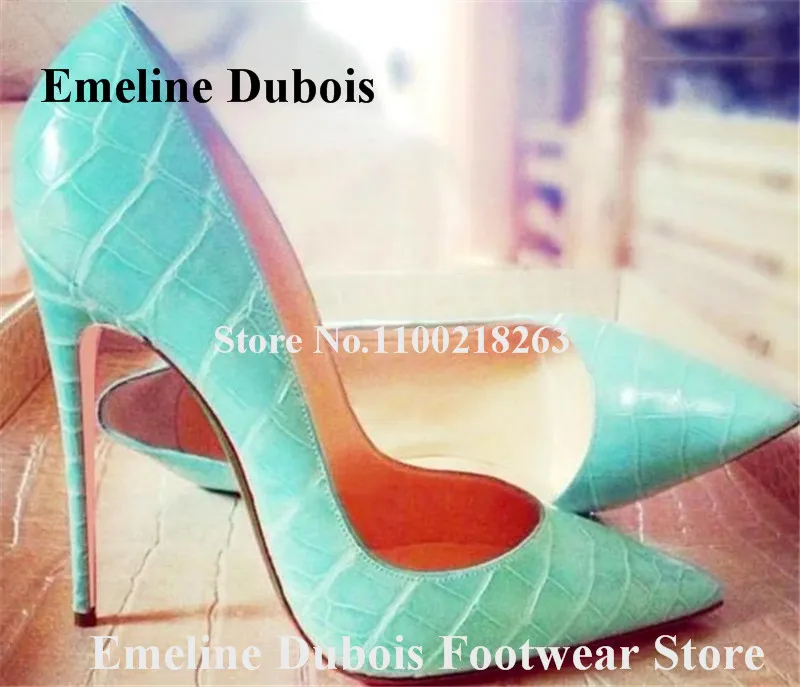 Blue Crocodile Pattern Leather Pumps Emeline Dubois Pointed Toe Slip-on 8cm 10cm 12cm Stiletto Heel Dress Shoes Party Heels