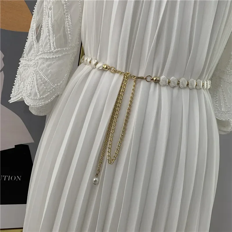 

New Fashion Pearl Shell Women Chain Belt Elegant Metal Thin Slim Waist Belts Dress Skirt Wild Waistbands Straps Banquet