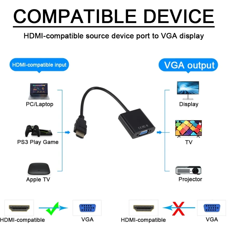 Adattatore HDMI 1080P compatibile con VGA convertitore cavo VGA da maschio a femmina compatibile con HDMI analogico digitale per Tablet laptop PC TV