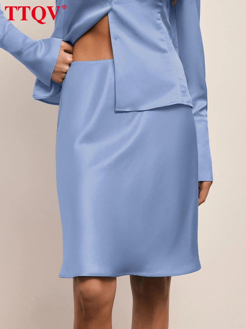 TTQV Fashion Loose Blue Satin Women's 2-Piece Sets 2026 Elegant Long Sleeve Shirt With High Waist Mini Skirt Set Female Clothing view 5