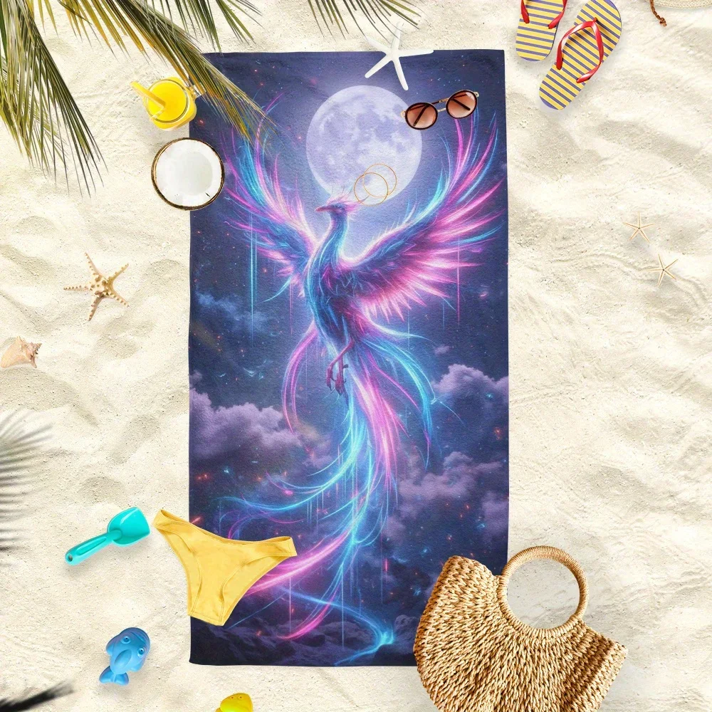 1pc Neon Phoenix Beach Towel Fantasy Bird Print Cosmic Moon Design Quick Dry Soft Microfiber Bath Towel For Women Spiritual Gift