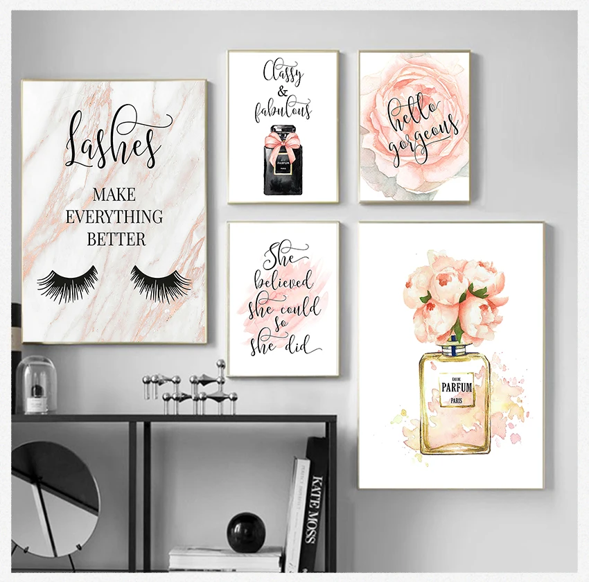 Painting Gift for Her Lash Wall Picture Modern Girls Bedroom Decor Fashion Blush Pink Wall Art Perfume Prints Canvas