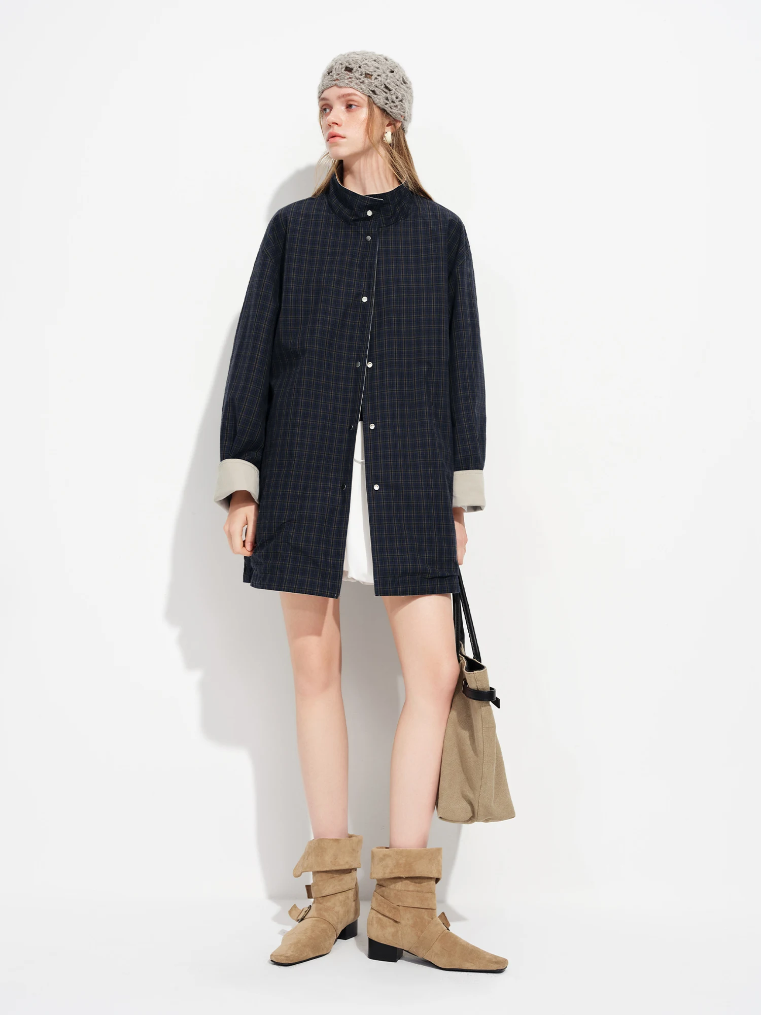 FSLE Classic Versatile Short Trench Coat for Women New Spring 2026 Style Stand Collar Dropped Shoulders Relaxed Fit