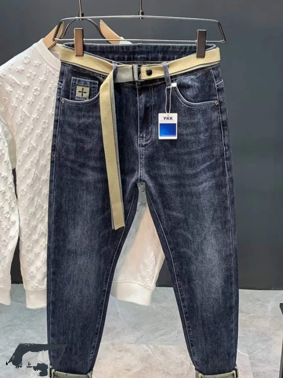 Men's Fce Lined Thiened Winter Straight Leg Jeans Slim Fit Bootcut Trousers Elastic Versatile Long Pants Trendy Brand