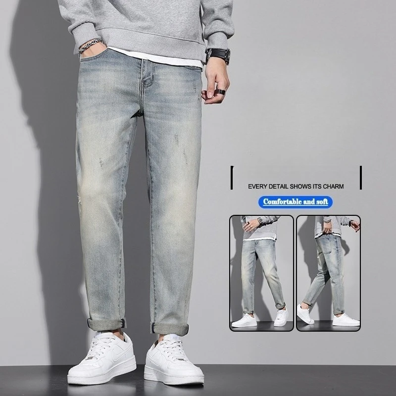 

Jeans Cotton Yellow Marl Gray Men Loose Straight Elastic Comfortable Simple Casual Denim Long Pants Male Summer Thin Fashion