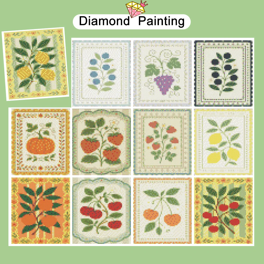 Huacan 12-teiliges 5D-Mini-Diamant-Malerei-Set mit Früchtemuster, komplettes rundes Diamant-Mosaik-Bastelset für Kinder und Erwachsene, Anfänger