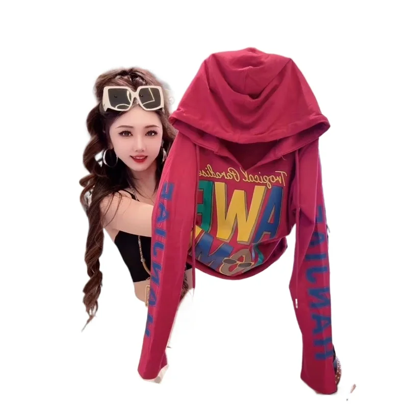 

Cotton Plus Size Letter Print Hooded Long Sleeve T-shirt Women's Autumn and Winter New Loose Slimming Versatile Top Pitaya Red