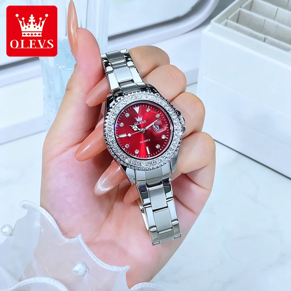 OLEVS модные женские часы, роскошные оригинальные кварцевые наручные часы из тонкой стали для женщин, водонепроницаемые, со светящейся датой, циркониевый безель 9945