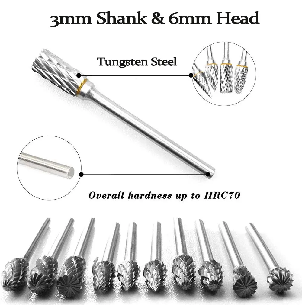 10 Stuks 3Mm Schacht Wolfraam Staal Frees Braam Diamant Gesneden Roterende Dremel Gereedschap Elektrisch Slijpen Roterend Gereedschap