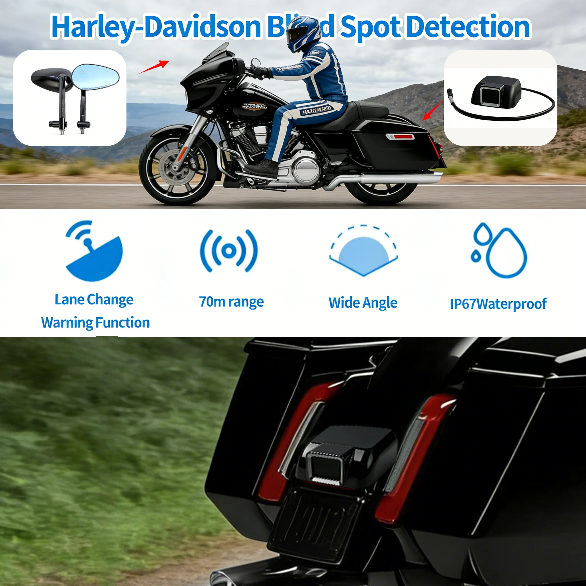 

For Harley Motorcycle BSD Blind Spot Monitoring System BSM LCA Rear Collision Warning 77GHz Radar IP67 Waterproof Safety Kit