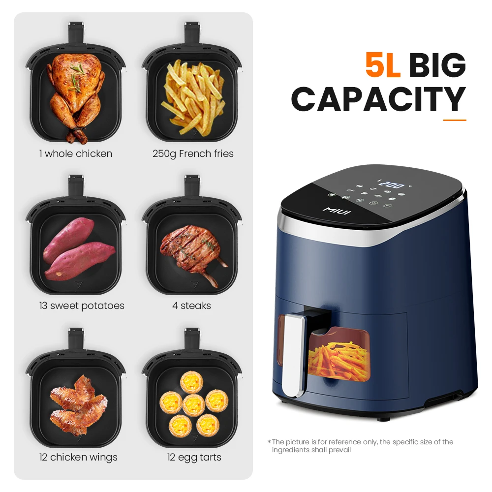 MIUI 4.5L/5L 에어 프라이어 오일이 없는 열풍 전기 프라이어, 창 및 터치 스크린 포함, 홈 스퀘어 딥 프라이어 오션 하트