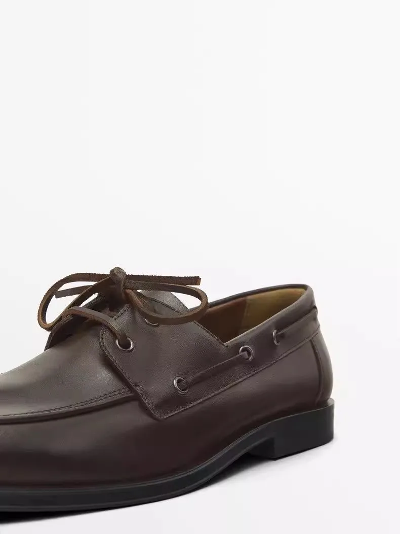 2025 New Brown Genuine Leather Loafer Men's British Style Lace Up Square Toe Boat Shoes Cowhide Casual Business Shoes