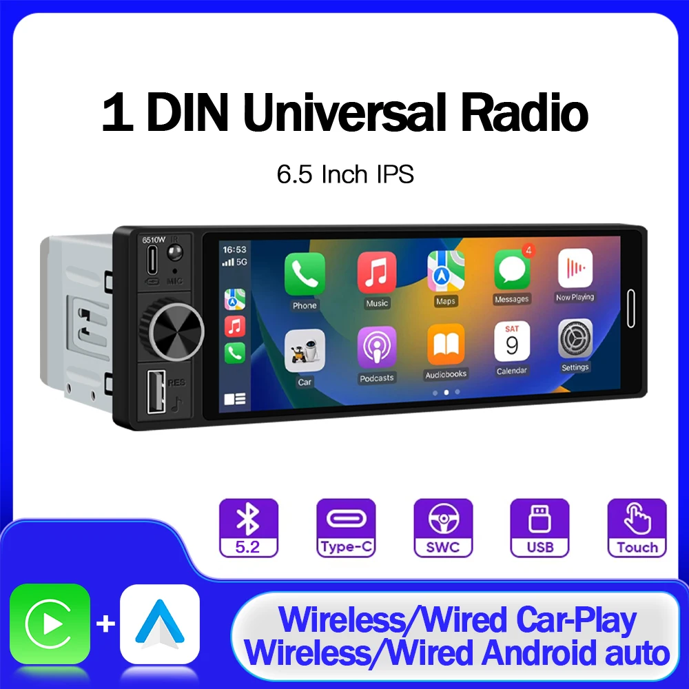 

1 Din Car Radio Universal Wireless Carplay Android Auto Car Multimedia MP5 BT Car Stereo Type-C USB HD IPS Touch Screen
