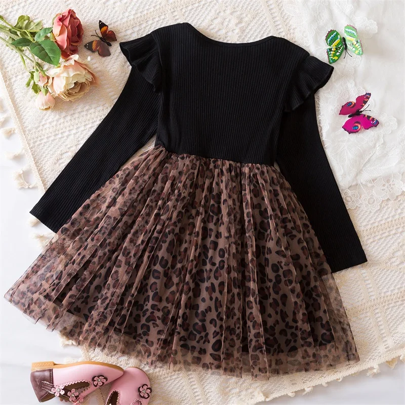 3-8Y Kids Girls Dress Princess Wedding Birthday Vestidos Leopard Print Mesh Tutu Party Dresses for Children Autumn Clothing