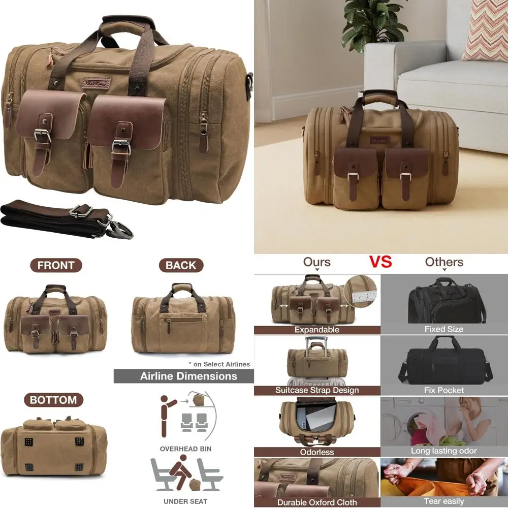 

Expandable Canvas Leather Travel Duffel Bag - 60L Capacity, Upgraded Weekender Carry-On Bag for Overnight Trips