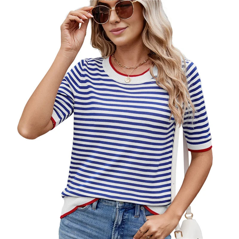 ABRT-สตรีฤดูร้อนเสื้อแขนสั้นเสื้อกันหนาวลายน่ารักสบายๆอินเทรนด์เสื้อผ้าผู้หญิง Crewneck เสื้อถัก