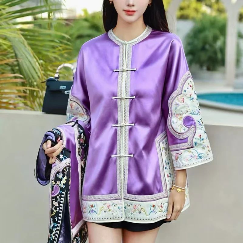 Spring Fashion New Chinese O-Neck Exquisite Acetate Fabric Butterfly Love Flower Embroidery Loose and Elegant Women's Coat M-XL