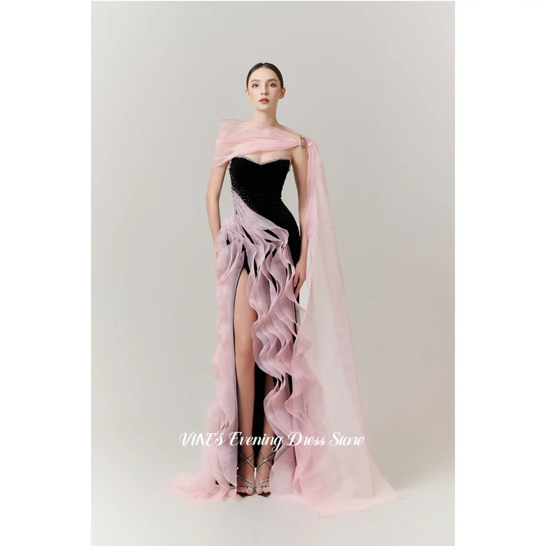 

VINES Luxury Black Pink Satin Evening Dress Tulle Ruffle High Split Prom Dress Beaded With Tulle Cape Formal Gowns Customized