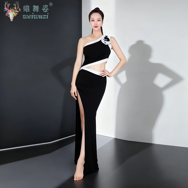 ベリーダンス練習衣装痩身斜め肩黒ドレスダンスフェスティバルドレスオリエンタルダンストレーニング衣装