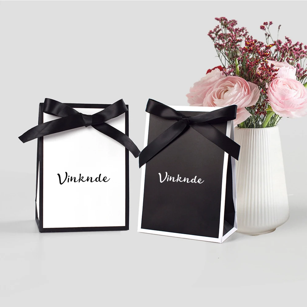 Custom Logo Cardboard Paper Shopping Bow Handbag Gift Packing Bag Portable Black White Wrapping Tote With Handles Storage Pouch