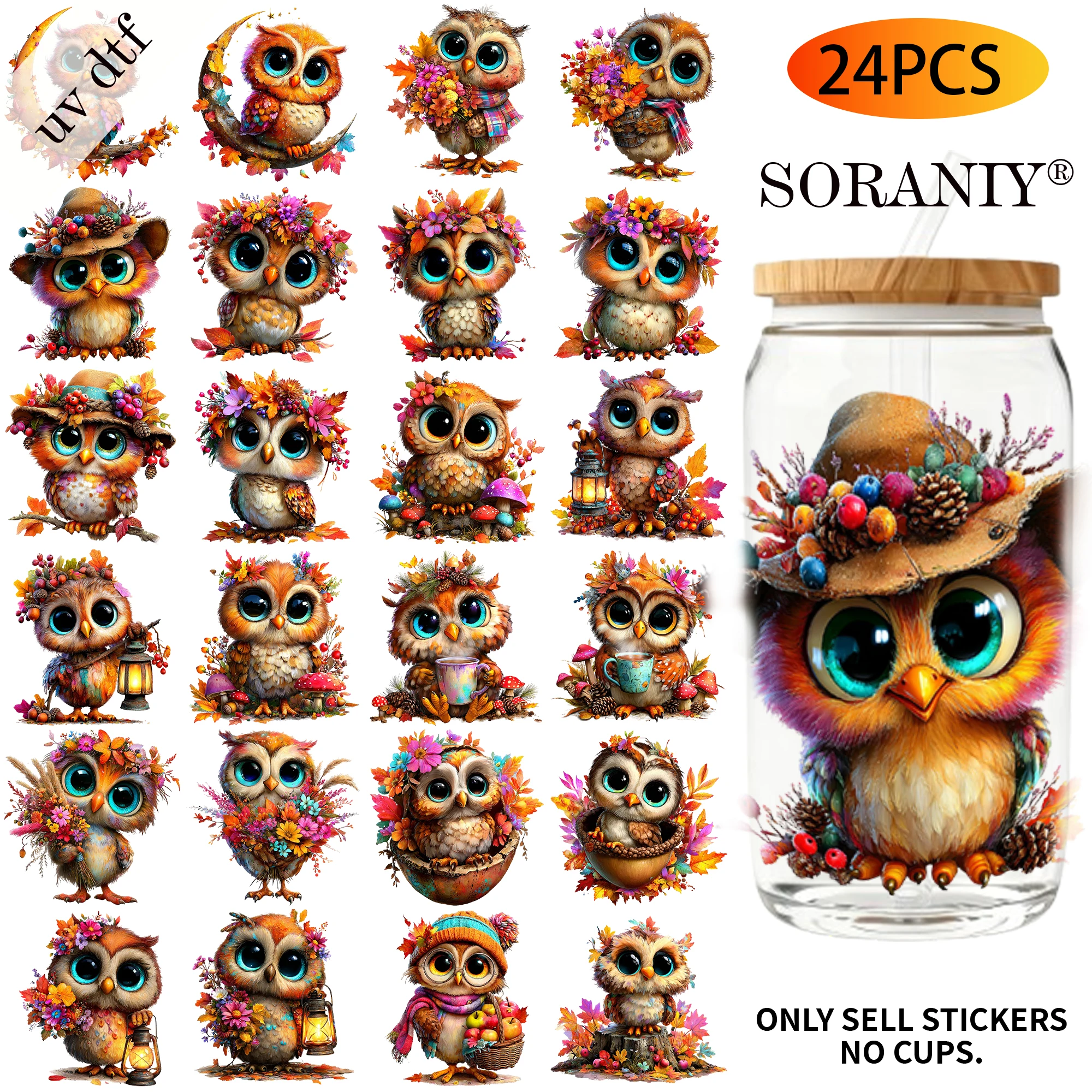 UV DTF Transfer Stickers - 24Pcs/Set Autumn Owl Theme UV DTF 16OZ DIY Transfer Stickers