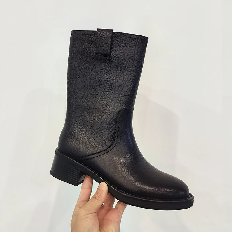 2026 scarpe invernali nuove da donna stivali a metà polpaccio in vera pelle punta tonda moda scarpe con tacco spesso stivali invernali con plateau neri retrò
