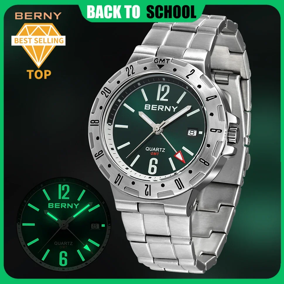 

BERNY Quartz Wristwatch Waterproof Stainless Steel Military Man Clock SWISS MOVT GMT Super Luminous Luxury Sports Watch for Men