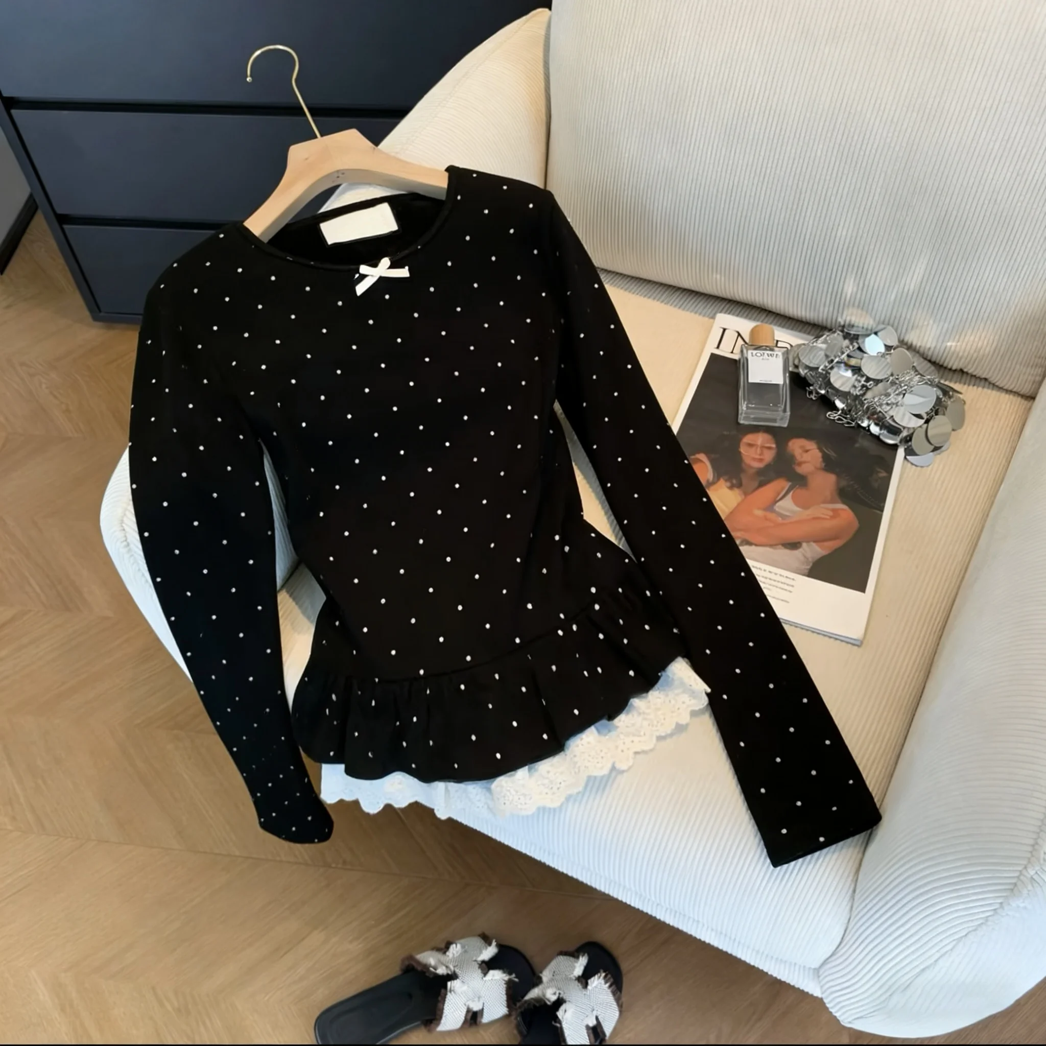

Korean Style Long Sleeve T-Shirt Lace Trim Bottom Splice Polka Dot Men Women Spring Autumn Slimming Versatile Base Top