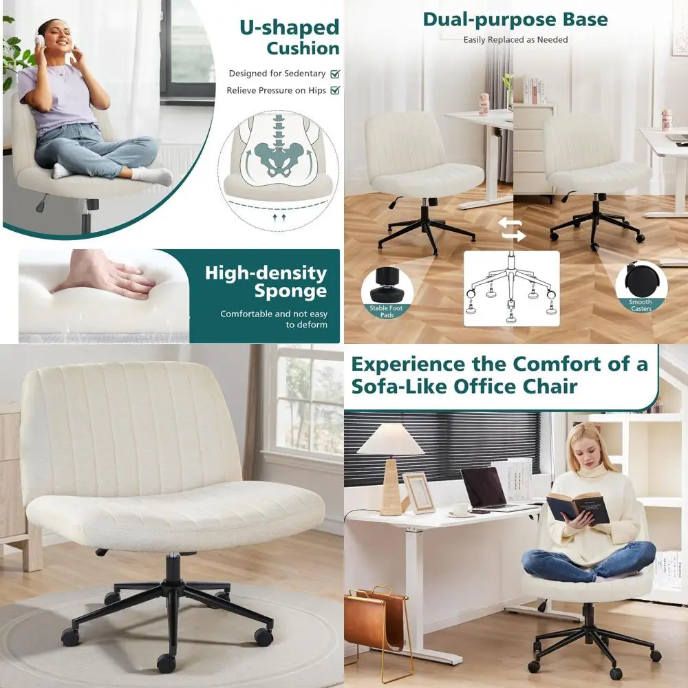 

Criss Chair with Wheels Wide Legged Oice Desk Vanity Chair Comy abric ArmlAdjustable Swivel or Home Computer Task abric Beige